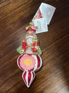 Glass Santa Ornament in Red, Green & Gold - Festive Holiday Decoration